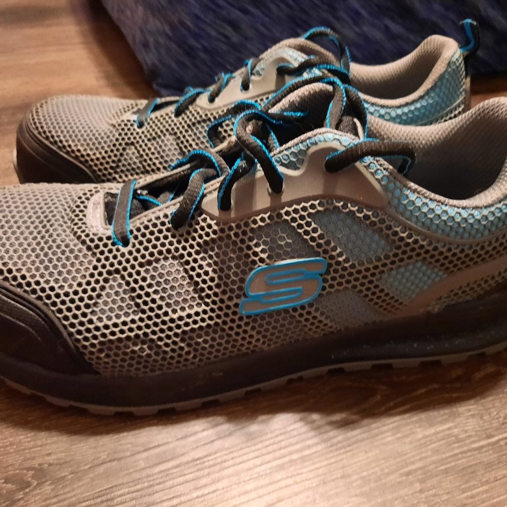 Grey and Blue Skechers 8.5 composite toe slip resistant shoe
